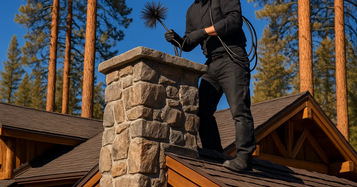 Chimney sweep working on a stone chimney among ponderosa pines, Show Low, AZ
