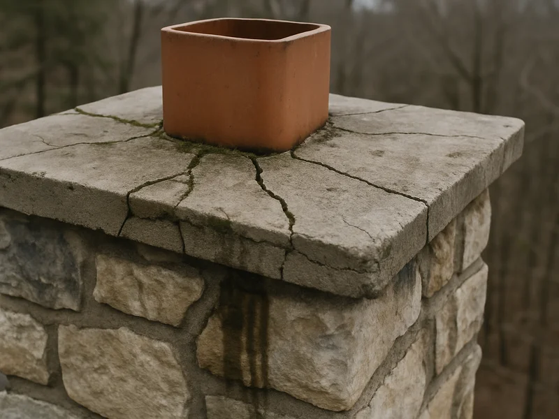 A cracked chimney crown with water staining below