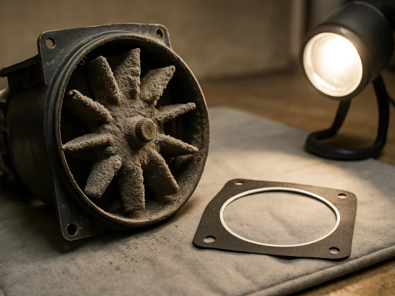 An ash-caked pellet stove exhaust blower removed for cleaning