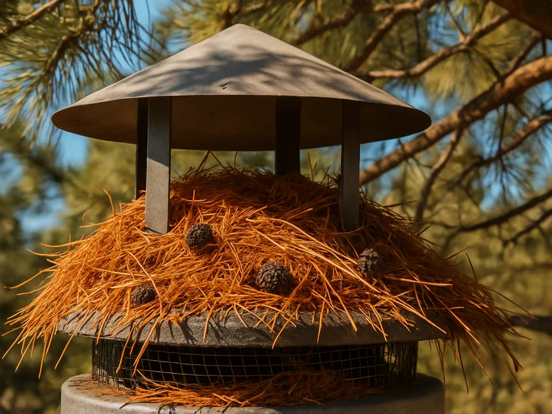 A chimney flue filled with pine needles under overhanging pines